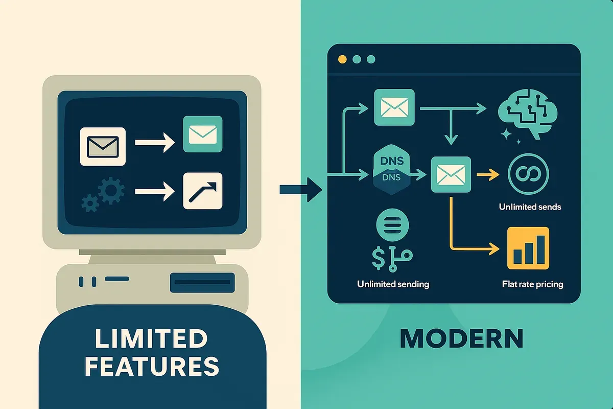 Editorial collage of an outdated email platform with limited features versus a modern automation dashboard with AI, analytics and SMTP symbols β representing the shift to advanced email marketing capabilities