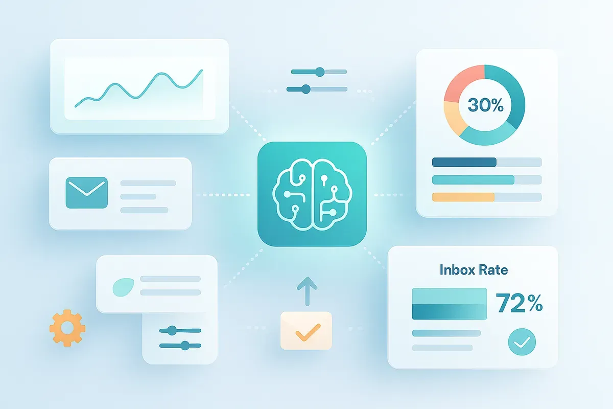 Editorial collage of floating analytics dashboards and optimisation panels with charts, graphs, and AI elements — representing AI-powered analytics and optimisation for email campaigns