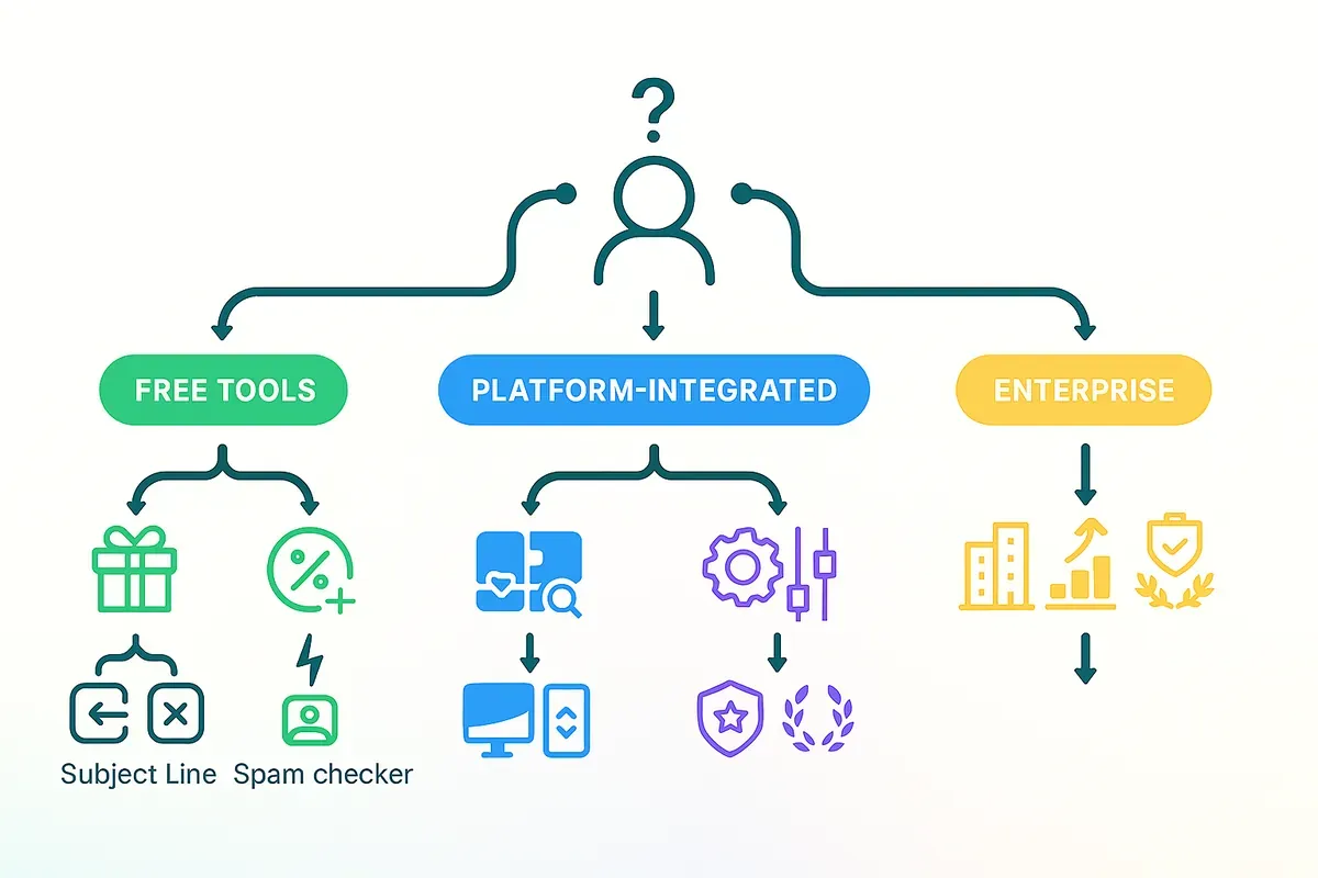 Editorial flowchart showing AI email marketing tool selection with branches for free tools, platform-integrated options, and enterprise solutions