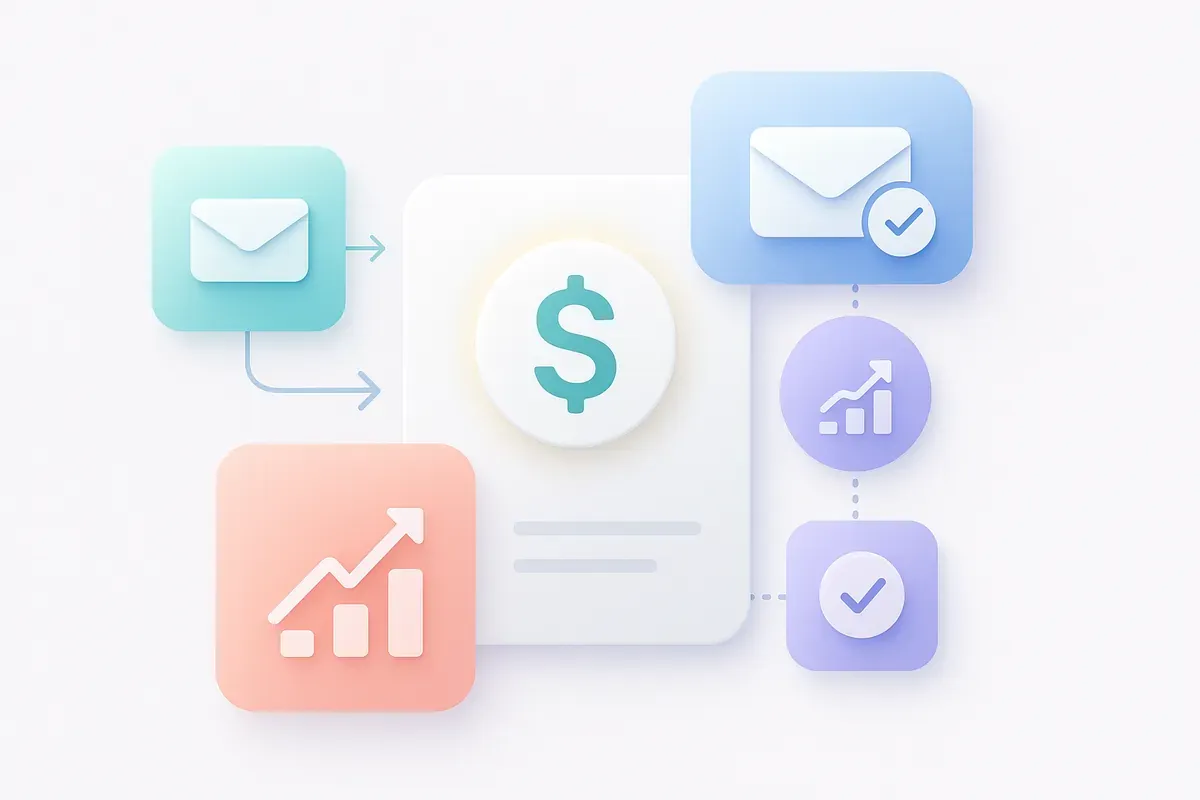 Editorial collage of email, dollar, chart, and checkmark icons arranged in a clean Apple-style layout with soft gradients — representing email marketing ROI statistics