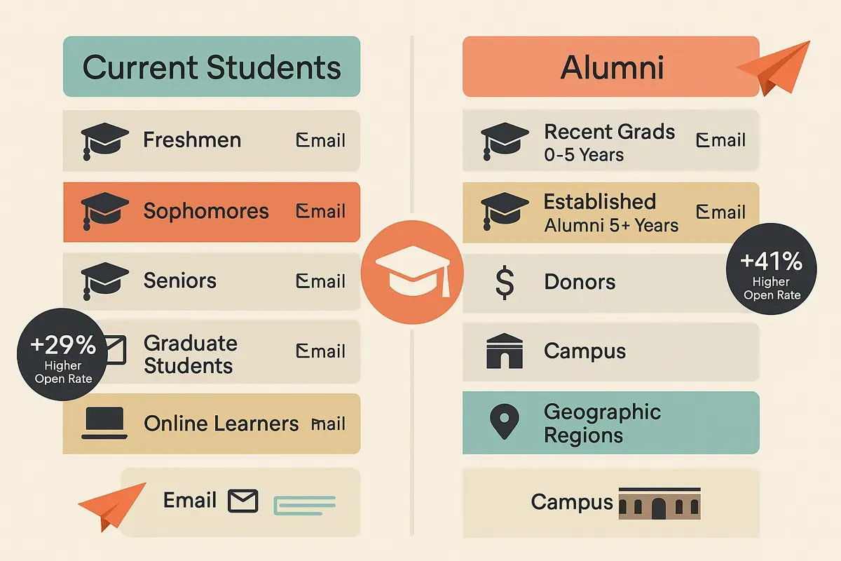 Editorial infographic of student and alumni email segmentation strategy with engagement metrics — representing email marketing for education best practices