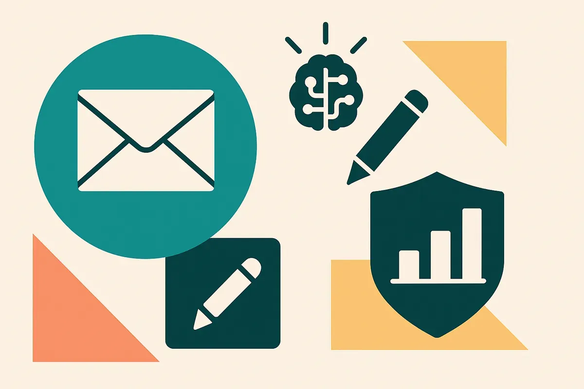 Editorial collage of AI brain, email envelope, pencil, and shield with bar chart on off-white background — representing Groupmail’s core AI features improving deliverability and open rates