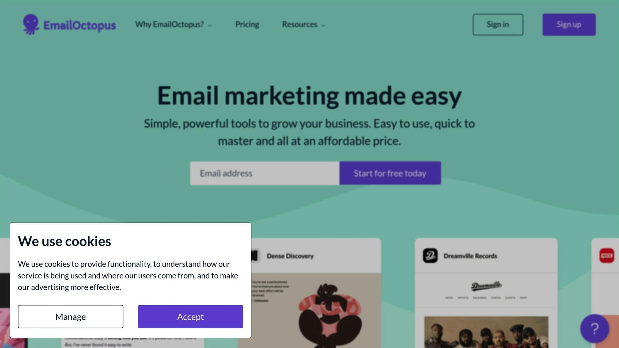 Screenshot of EmailOctopus homepage showing simple email marketing tools with sign-up form and pricing information