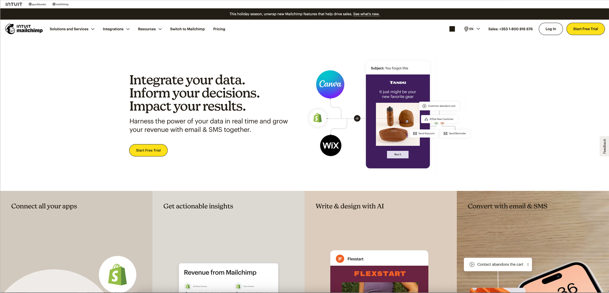 Screenshot of Mailchimp homepage showing integrated email marketing platform with app integrations, automation tools, and campaign features