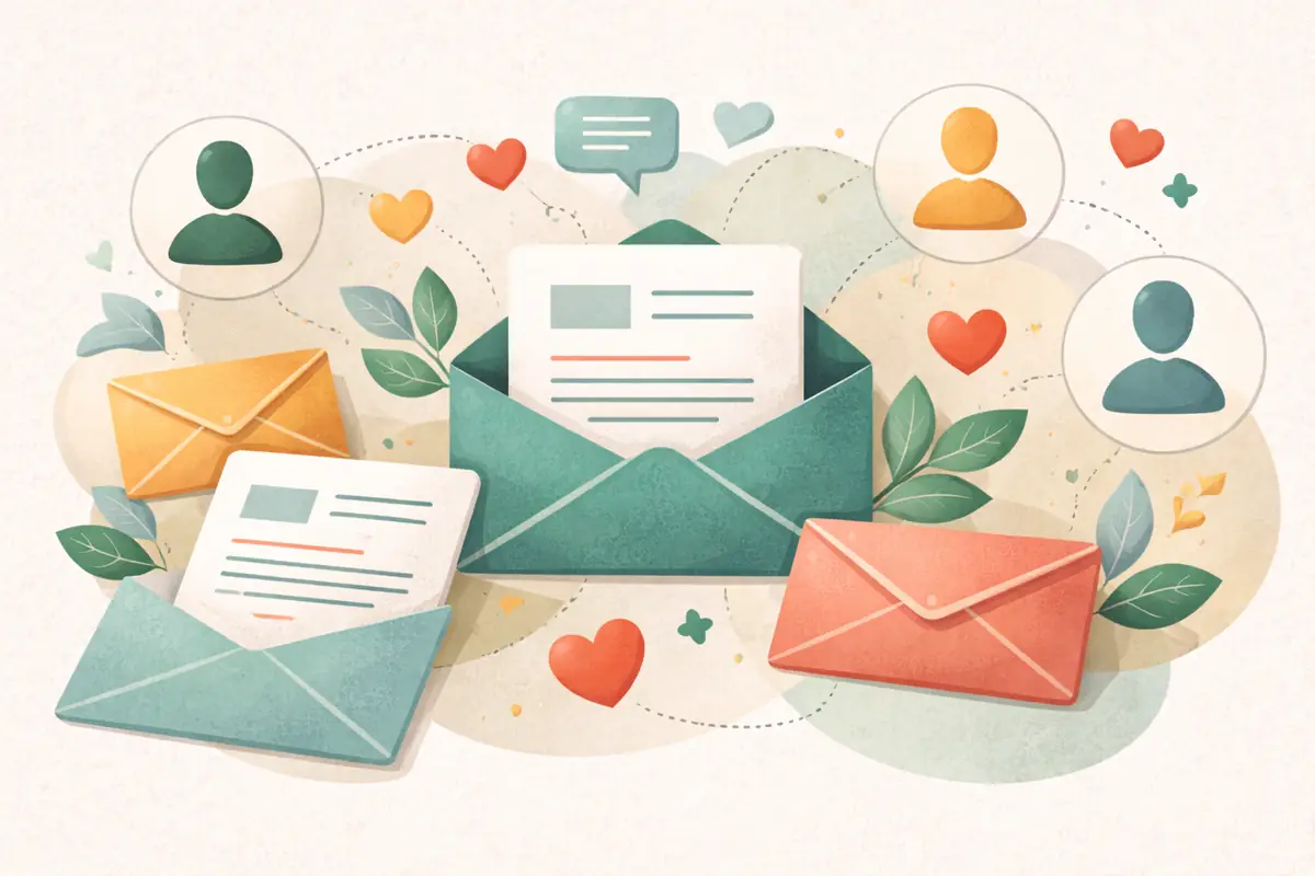 Editorial illustration showing flat-design envelopes, documents and heart shapes representing nonprofit storytelling
