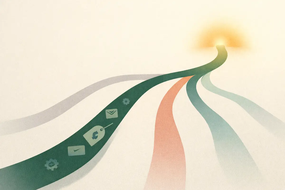 Illustration of forking paths representing different email software choices with one clear recommended option