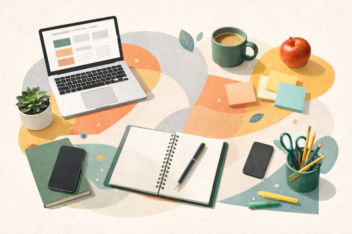 Editorial collage of a PTA volunteer workspace with laptop, notebook, coffee mug, and school supplies arranged in a clean, organised layout