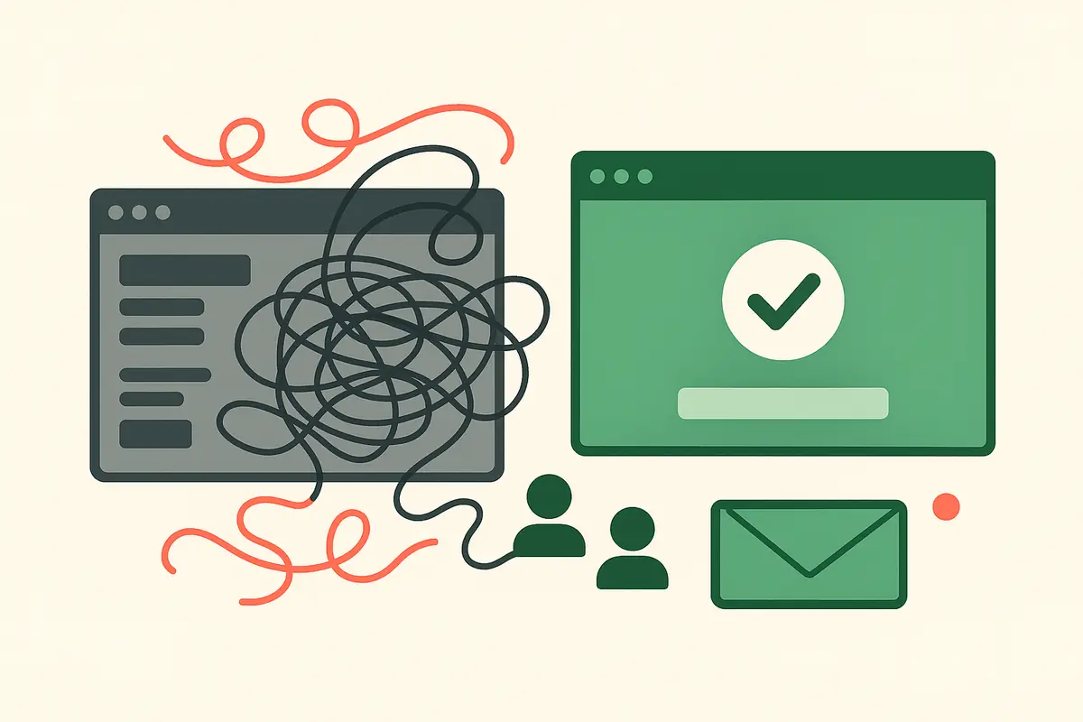 Illustration comparing complex marketing dashboards to simple email tools