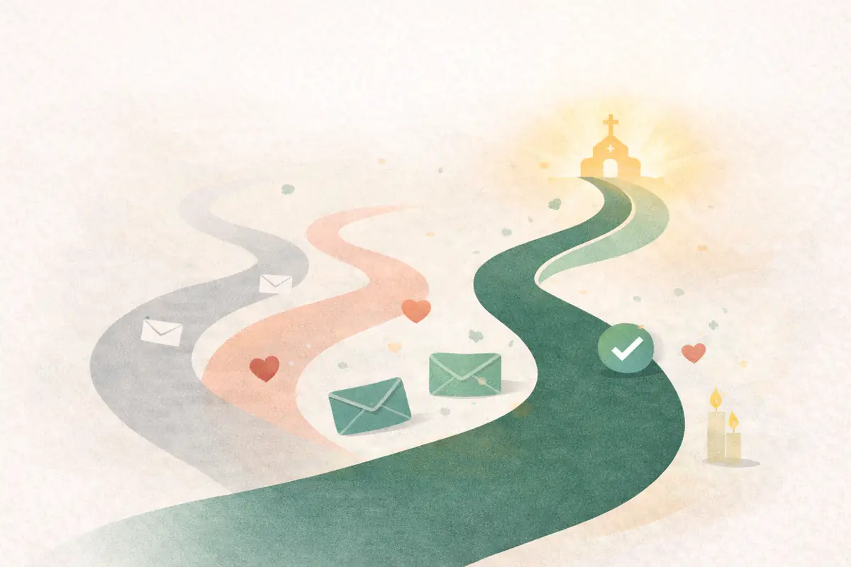 Illustrated forking paths representing email software choices for churches