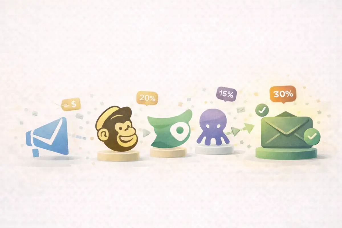 Editorial illustration comparing stylised email platform options, shown as simplified logo icons with discount badges and one highlighted in green as the recommended choice