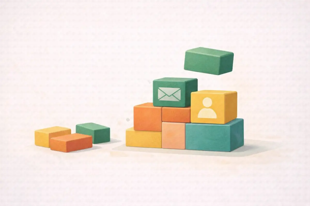 Editorial illustration of building blocks being assembled, representing a step-by-step email migration process