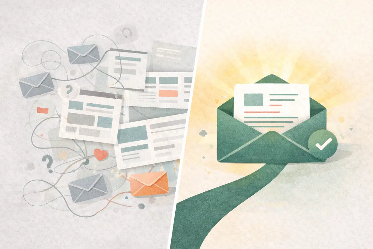 Before and after illustration showing complex versus simple email tools.