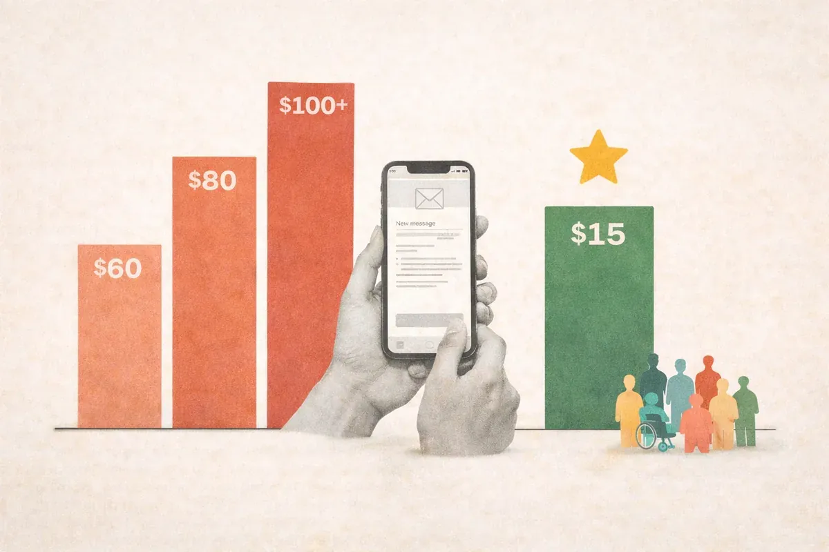 Editorial collage comparing rising email platform costs with a flat affordable option, featuring bar charts and community icons highlighting predictable nonprofit-friendly pricing