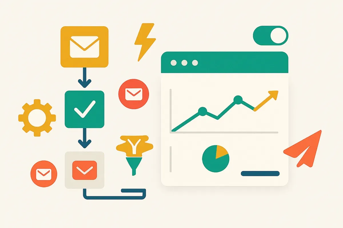 Editorial collage of an email automation flowchart with envelopes, gears, funnel, dashboard, and lightning bolt — symbolising email marketing automation best practices 2025