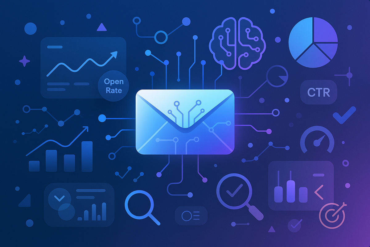 Editorial collage featuring an email envelope with AI circuit patterns surrounded by charts, neural nodes, and analytics icons — representing AI-powered analytics tools for email marketing