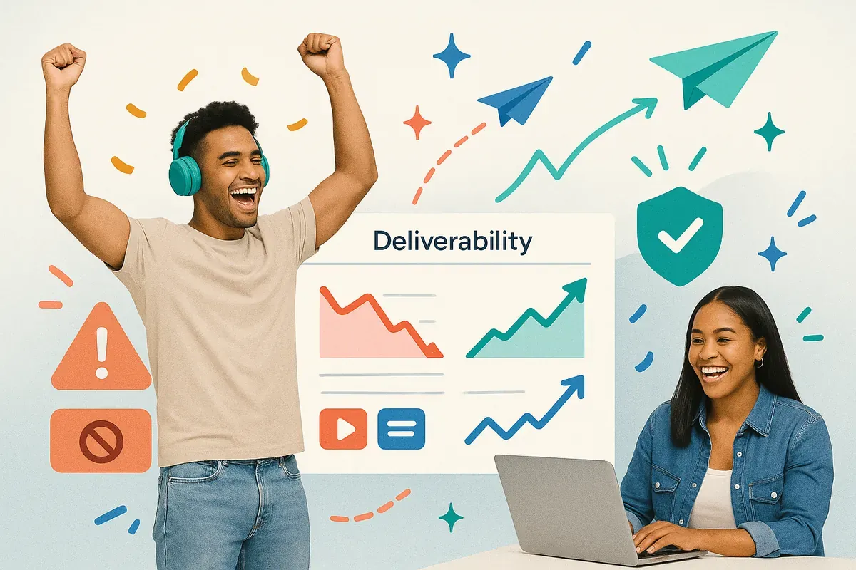 Editorial collage of real professionals celebrating improved deliverability with dashboards, arrows, and paper planes — representing email blacklist recovery and restored sender reputation