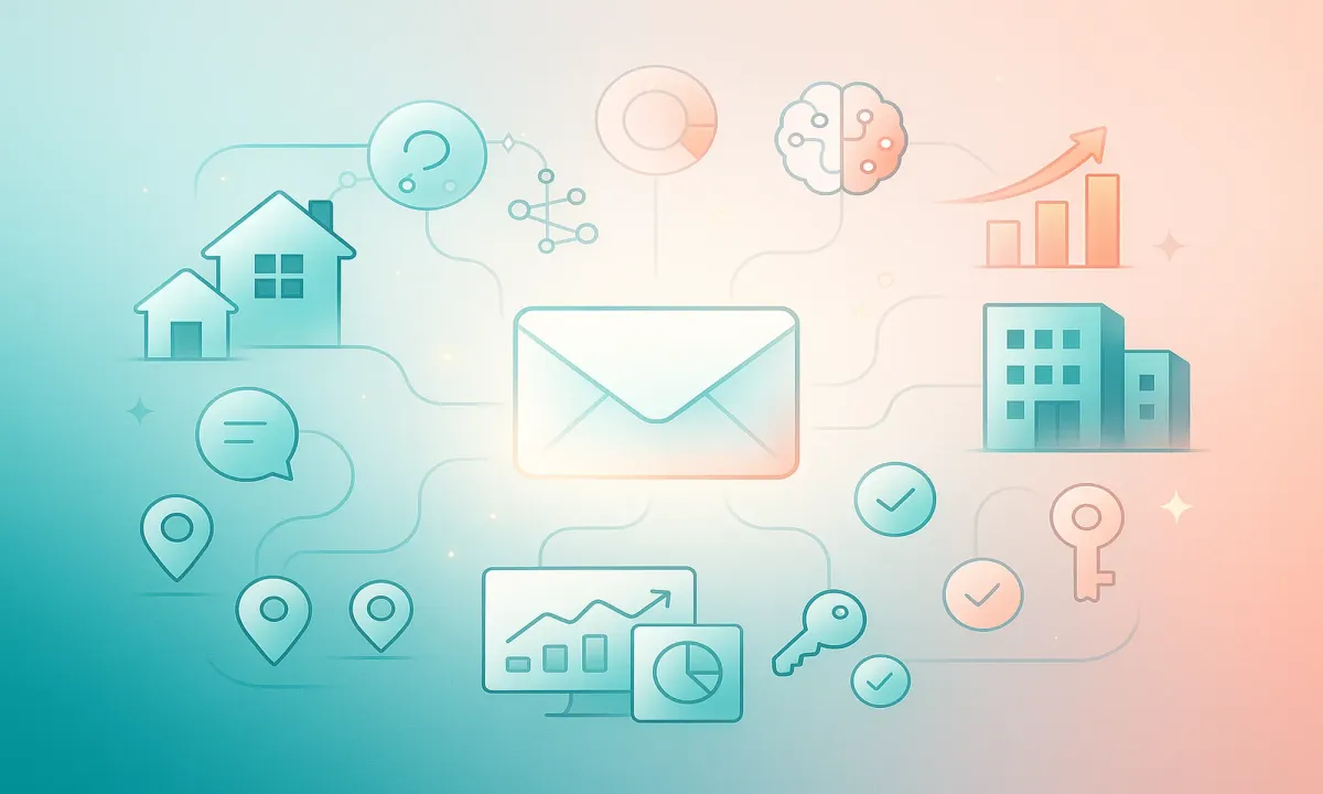 Apple-style editorial collage showing real estate email marketing success with glowing email envelope, property icons, and balanced gradients symbolising growth and connection