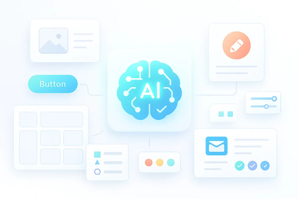 Apple-style editorial collage showing AI-powered email design tools with floating template panels, creative UI cards, and subtle teal and lavender gradients