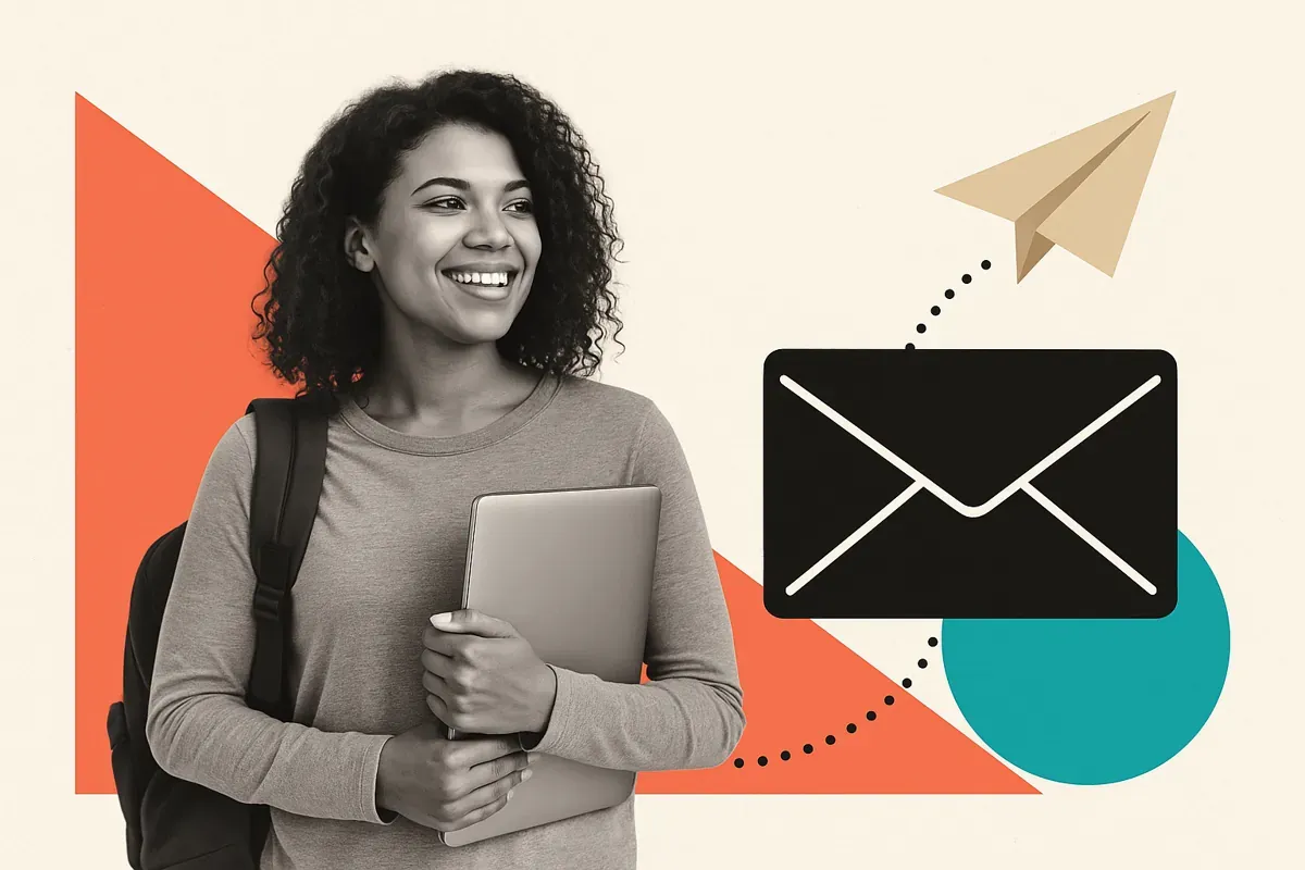Editorial collage of student holding laptop with envelope and paper plane icons — representing email marketing for education and alumni engagement