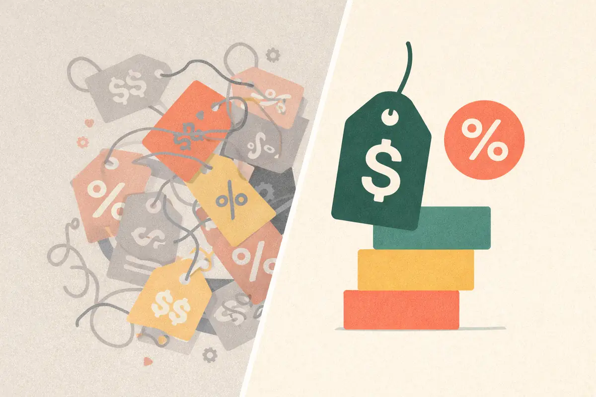 Editorial illustration showing the contrast between complex hidden pricing and simple transparent pricing