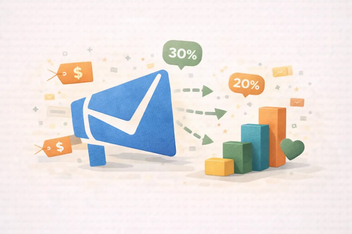 Editorial illustration showing a blue envelope surrounded by discount badges and tiered pricing blocks, representing nonprofit email pricing options