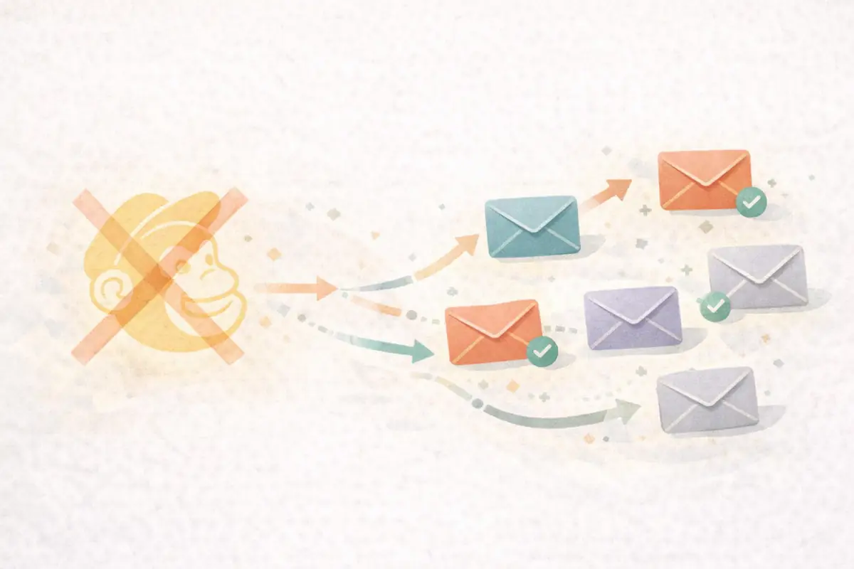 Editorial illustration showing a faded monkey icon crossed out on the left, with arrows leading to multiple colourful email envelopes representing alternative platforms
