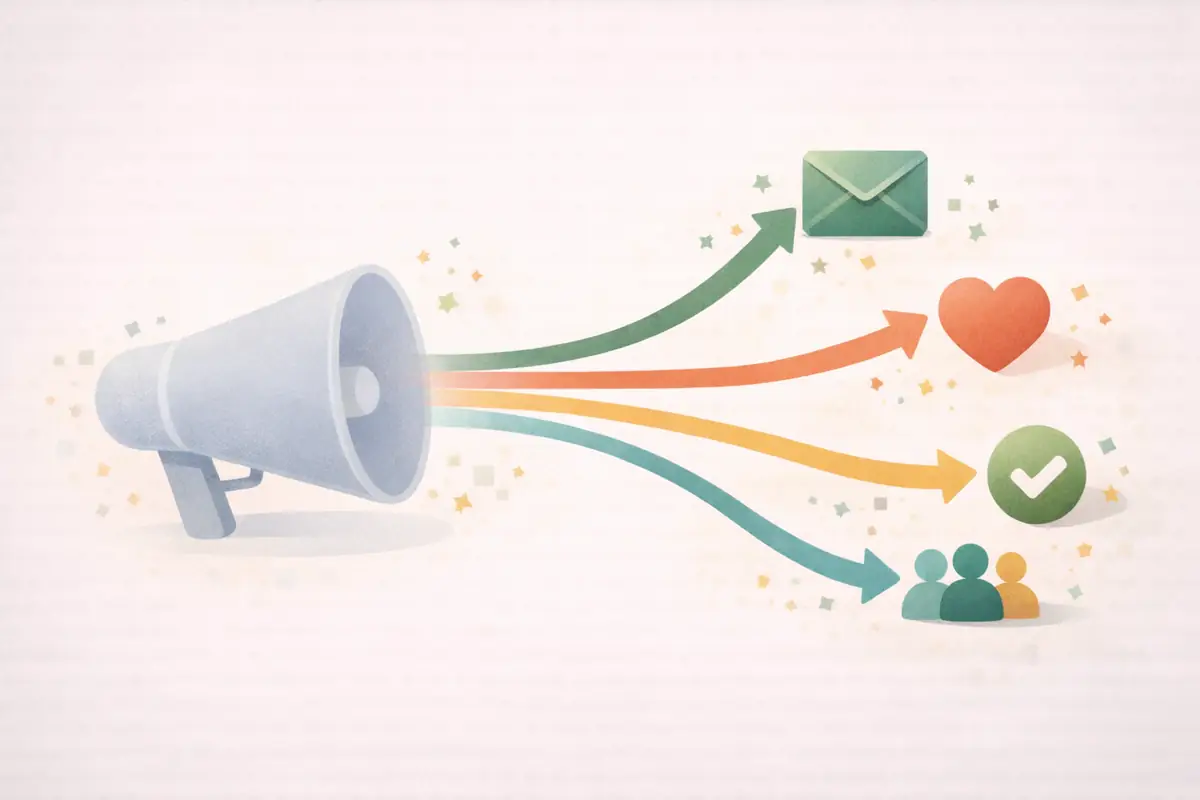 Editorial illustration showing a faded megaphone on the left with colourful paths branching toward envelope and community icons, representing alternatives to Constant Contact