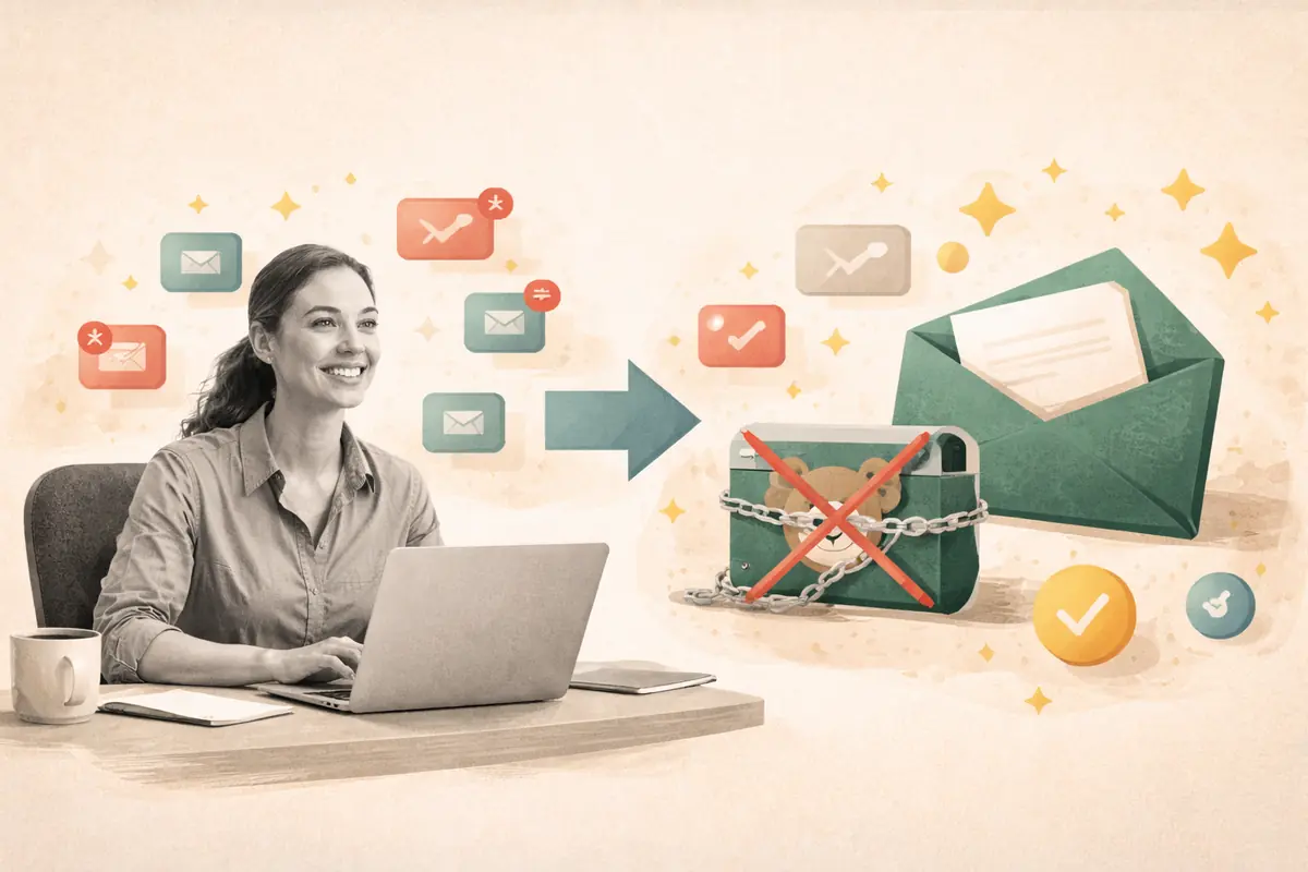 Editorial collage showing a smiling woman at a laptop with a chained mailbox transforming into a clean open envelope, symbolising liberation from email complexity