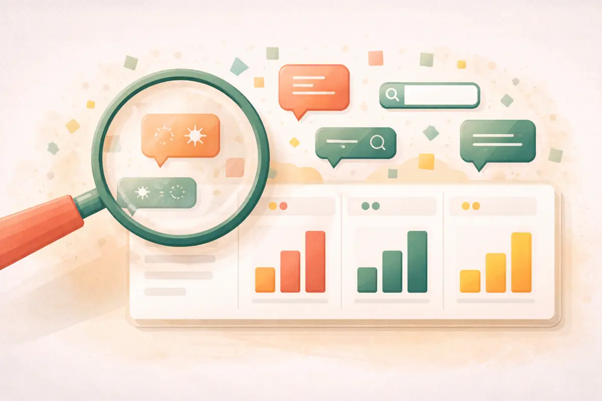 Editorial illustration of a magnifying glass revealing AI search traffic data on a dashboard, with geometric chat and search icons being organised into columns