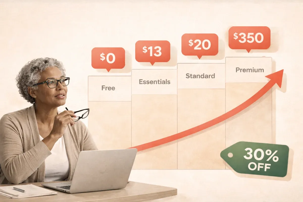 Editorial collage of nonprofit administrator reviewing rising email pricing tiers with red upward arrow and green discount tag representing alternative savings option.