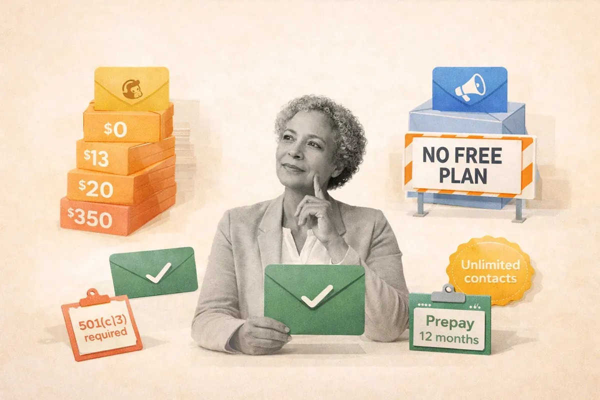 Editorial collage showing nonprofit leader comparing email tools, with rising Mailchimp pricing, Constant Contact no-free barrier, and simpler green email option highlighted