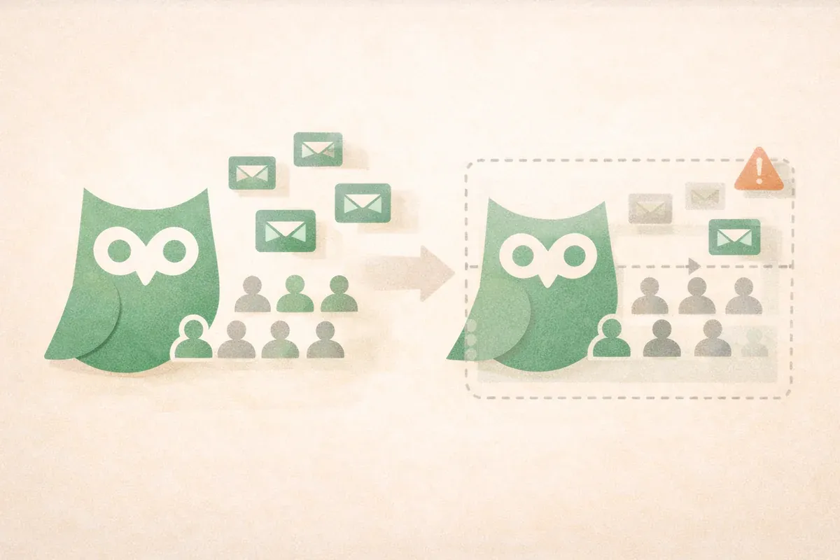 Editorial illustration showing MailerLite owl with many subscriber and email icons transitioning to a restricted version with fewer contacts inside a dotted limit box