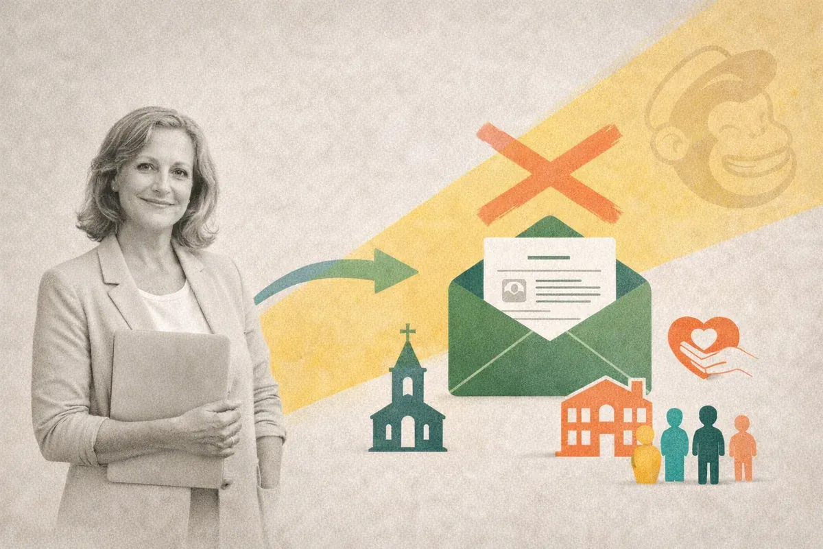 Editorial collage showing nonprofit leader moving from Mailchimp to a simpler email newsletter tool, with icons for schools, churches, and nonprofits.