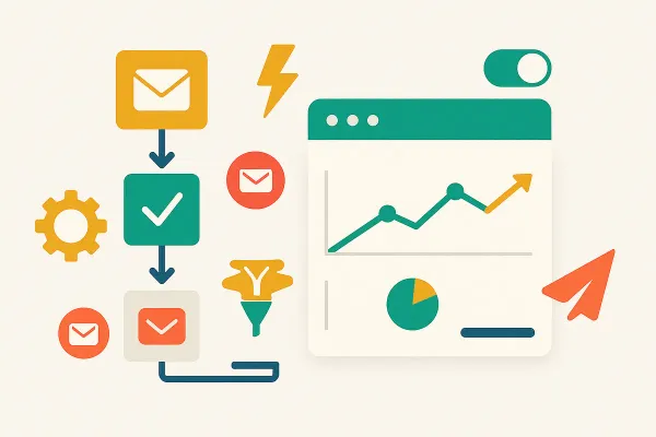 Editorial collage of an email automation flowchart with envelopes, gears, funnel, dashboard, and lightning bolt — symbolising email marketing automation best practices 2025
