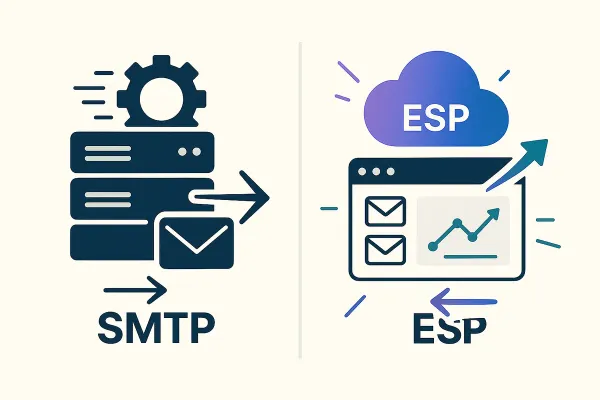 Editorial collage comparing SMTP and ESP, with server and gear icons on one side and cloud, dashboard, and analytics icons on the other — representing SMTP vs ESP complete guide