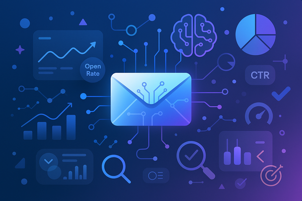 Editorial collage featuring an email envelope with AI circuit patterns surrounded by charts, neural nodes, and analytics icons — representing AI-powered analytics tools for email marketing