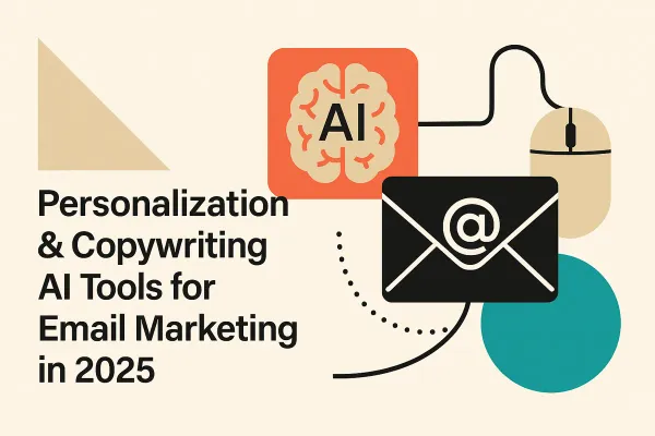 Editorial collage of AI icons, email envelope, and mouse on off-white background with coral, teal, and mustard shapes — representing AI personalisation and copywriting tools