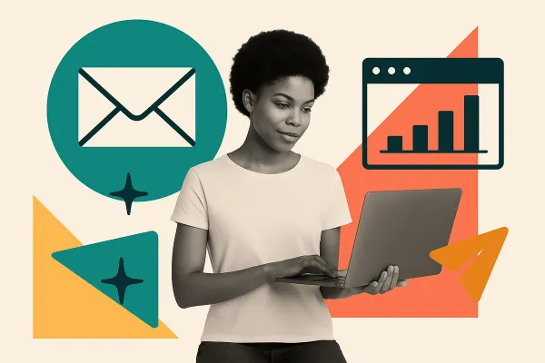 Editorial collage of person using laptop with envelope, dashboard, and spark icons on off-white background — representing top email newsletter software for small businesses 2025