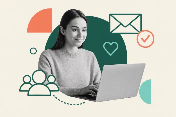 Editorial collage of a school staff member using a laptop with email, checklist, and community icons — representing free school newsletter template layouts