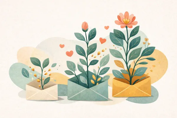 Editorial illustration of plants growing from envelope shapes, symbolising nurtured growth through email communication