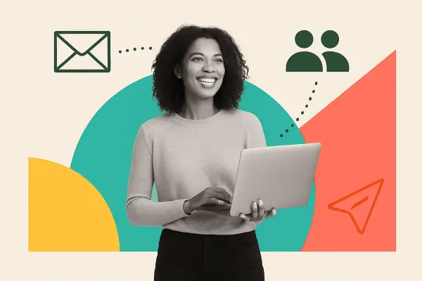 Editorial collage of a joyful person with laptop surrounded by geometric shapes and email icons — representing email software options for churches