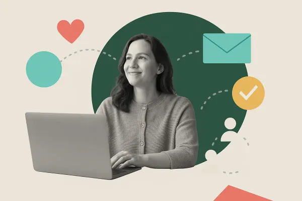 Editorial collage showing nonprofit professional finding the right email software solution