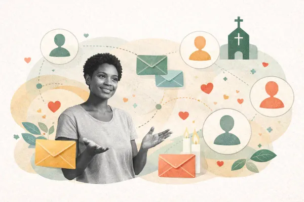Editorial illustration showing community connection with email and messaging icons.