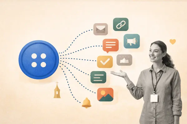 Editorial collage showing a blue button icon branching toward multiple colourful app icons, with a nonprofit coordinator gesturing toward alternative options