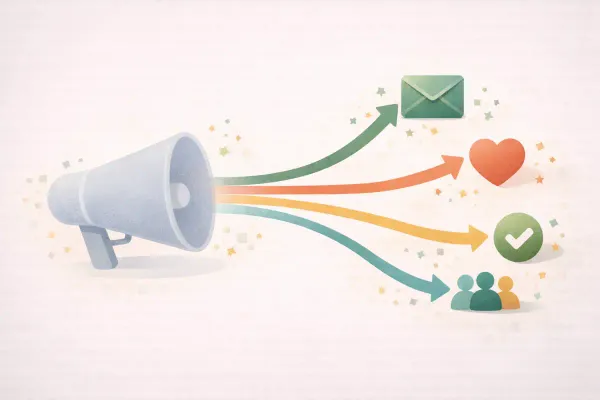 Editorial illustration showing a faded megaphone on the left with colourful paths branching toward envelope and community icons, representing alternatives to Constant Contact