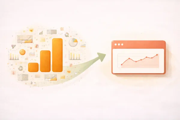 Editorial illustration showing a complex, cluttered analytics chart on the left transitioning to a clean, simple dashboard on the right, representing alternatives to Google Analytics
