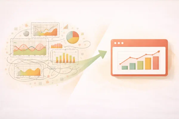 Editorial illustration showing dense analytics charts on the left transitioning into a clean, simple dashboard on the right.