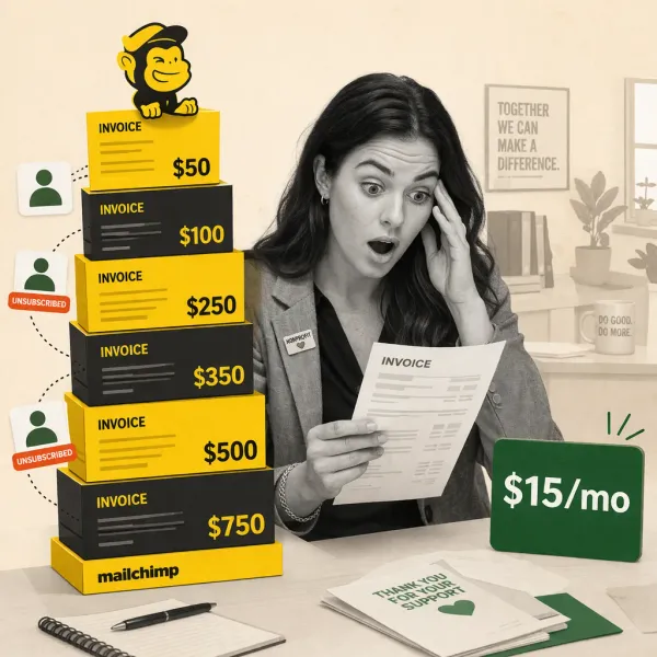 Editorial collage showing nonprofit manager shocked by rising Mailchimp pricing, stacked invoices increasing in cost, with simpler $15/mo email option shown as alternative