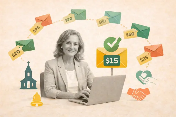 Editorial collage showing nonprofit manager choosing affordable email tools, with multiple priced envelopes and a $15 option highlighted as best value for community organisations